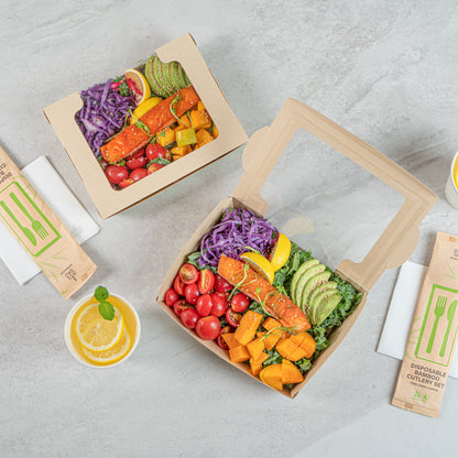 Sustain 40 oz Bamboo Paper Large Bio Salad Box - with PLA Lining and Window, Compostable - 8 1/4" x 6 1/4" x 1 1/2" - 50 count box