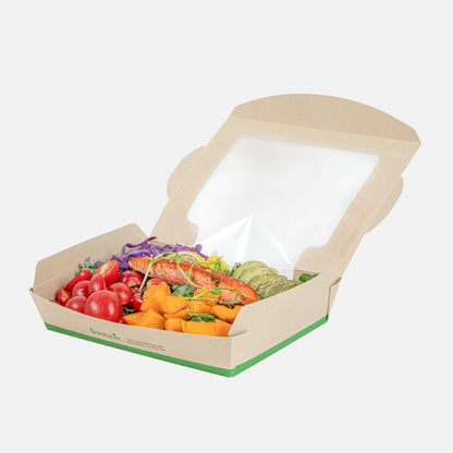 Sustain 40 oz Bamboo Paper Large Bio Salad Box - with PLA Lining and Window, Compostable - 8 1/4" x 6 1/4" x 1 1/2" - 200 count box