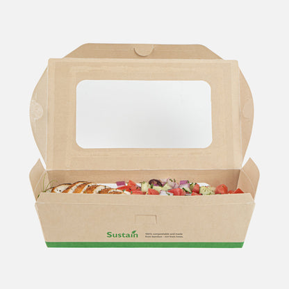 Sustain 40 oz Bamboo Paper Large Bio Salad Box - with PLA Lining and Window, Compostable - 8 1/4" x 6 1/4" x 1 1/2" - 200 count box