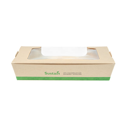 Sustain 40 oz Bamboo Paper Large Bio Salad Box - with PLA Lining and Window, Compostable - 8 1/4" x 6 1/4" x 1 1/2" - 200 count box
