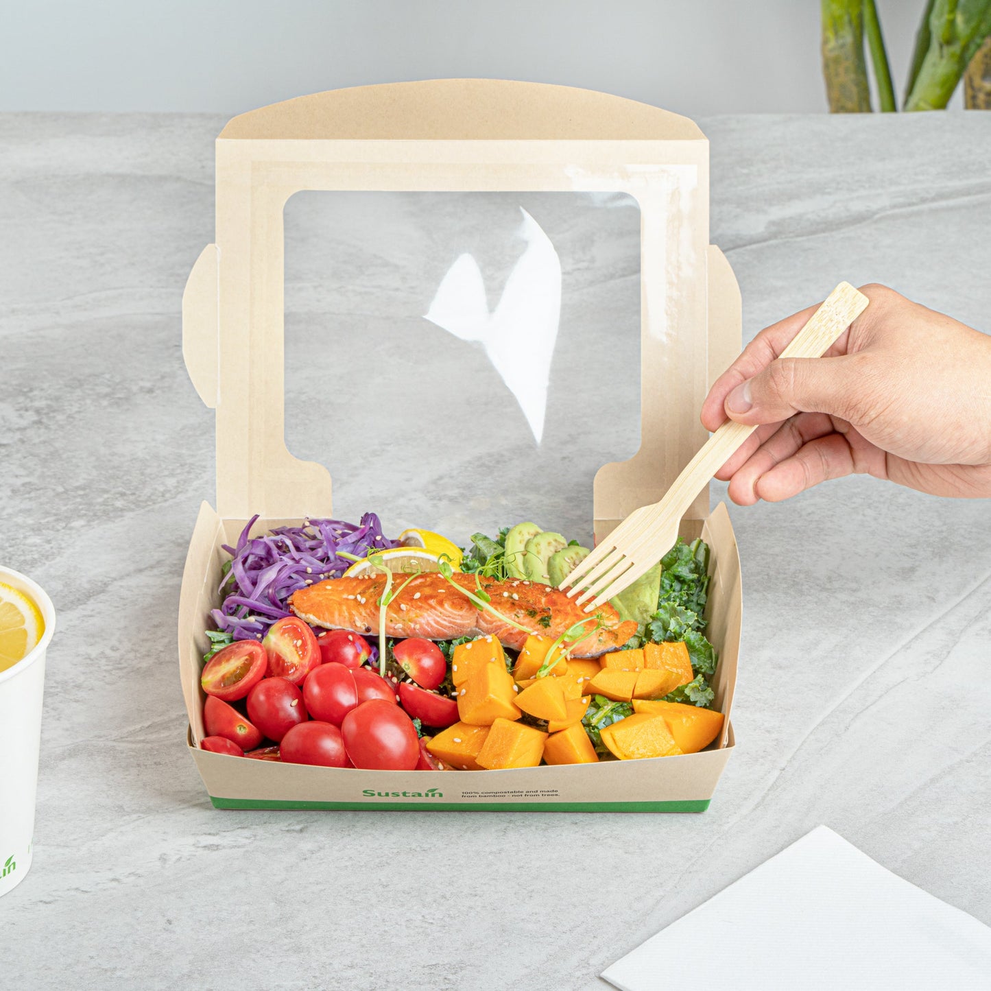 Sustain 40 oz Bamboo Paper Large Bio Salad Box - with PLA Lining and Window, Compostable - 8 1/4" x 6 1/4" x 1 1/2" - 200 count box