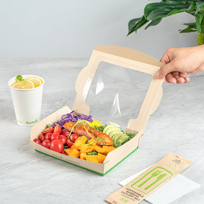 Sustain 40 oz Bamboo Paper Large Bio Salad Box - with PLA Lining and Window, Compostable - 8 1/4" x 6 1/4" x 1 1/2" - 200 count box