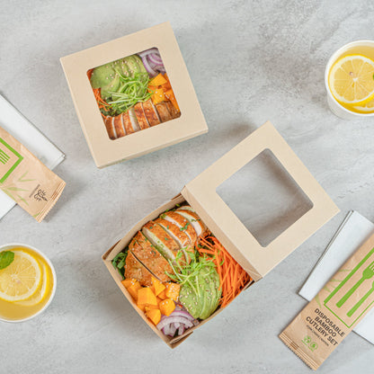 Sustain 27 oz Bamboo Paper Medium Take Out Container - with PLA Lining and Window, Compostable - 5 1/4" x 5 1/4" x 2" - 200 count box