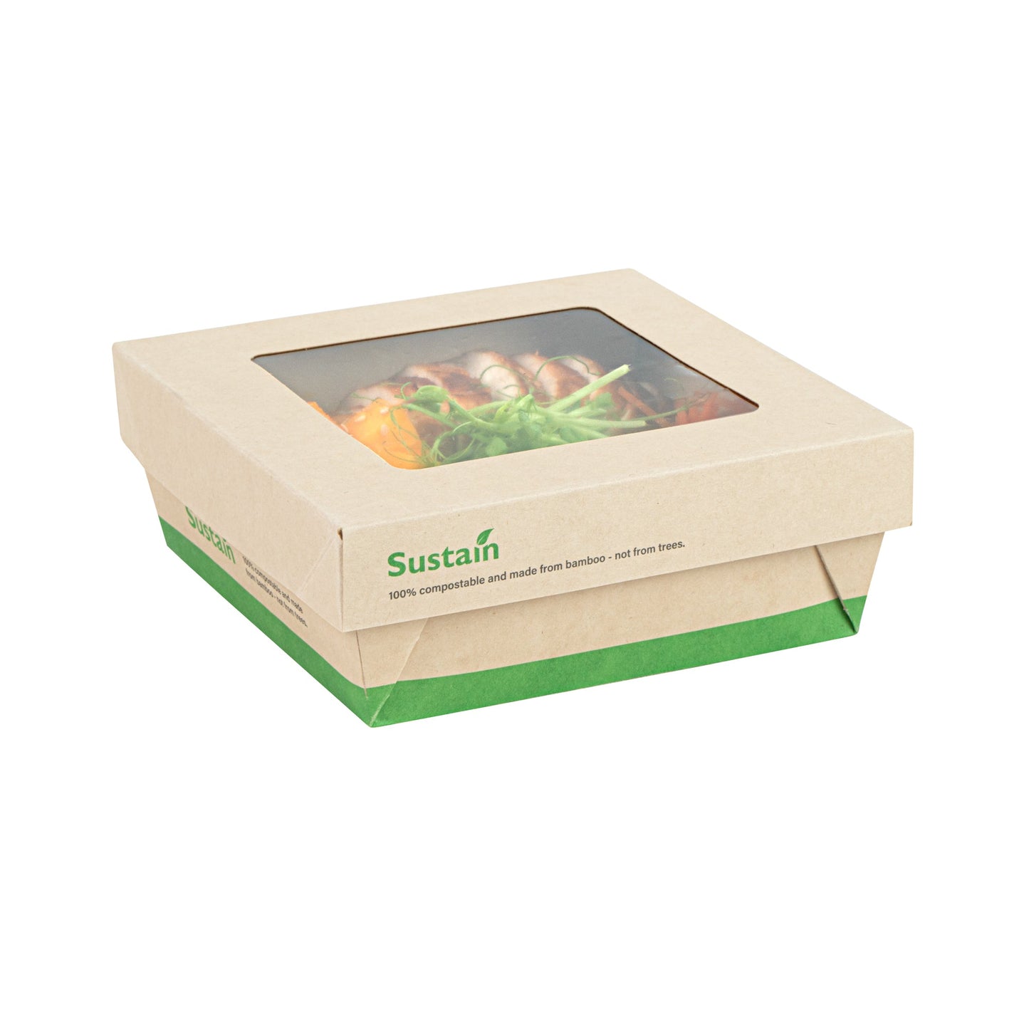 Sustain 27 oz Bamboo Paper Medium Take Out Container - with PLA Lining and Window, Compostable - 5 1/4" x 5 1/4" x 2" - 50 count box