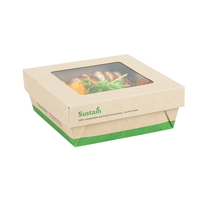 Sustain 27 oz Bamboo Paper Medium Take Out Container - with PLA Lining and Window, Compostable - 5 1/4" x 5 1/4" x 2" - 50 count box
