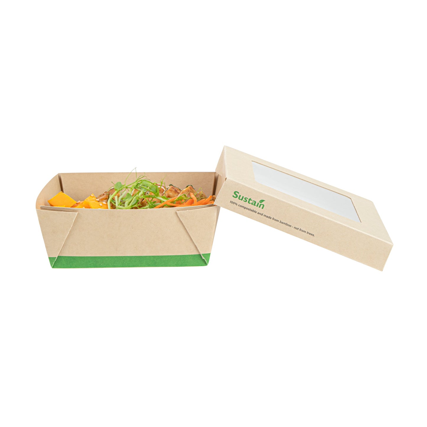 Sustain 27 oz Bamboo Paper Medium Take Out Container - with PLA Lining and Window, Compostable - 5 1/4" x 5 1/4" x 2" - 50 count box