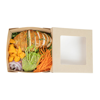 Sustain 27 oz Bamboo Paper Medium Take Out Container - with PLA Lining and Window, Compostable - 5 1/4" x 5 1/4" x 2" - 50 count box
