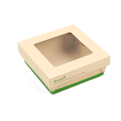 Sustain 27 oz Bamboo Paper Medium Take Out Container - with PLA Lining and Window, Compostable - 5 1/4" x 5 1/4" x 2" - 50 count box