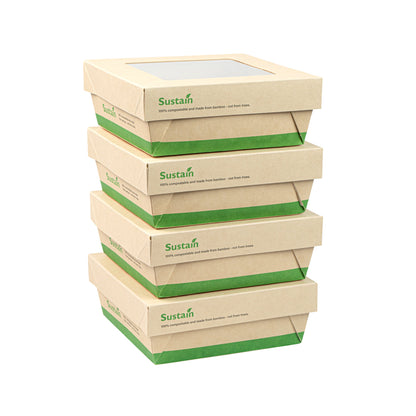 Sustain 27 oz Bamboo Paper Medium Take Out Container - with PLA Lining and Window, Compostable - 5 1/4" x 5 1/4" x 2" - 50 count box