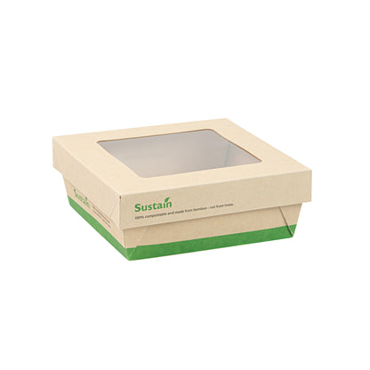 Sustain 27 oz Bamboo Paper Medium Take Out Container - with PLA Lining and Window, Compostable - 5 1/4" x 5 1/4" x 2" - 50 count box
