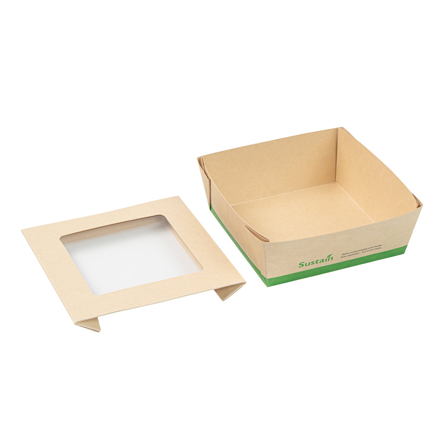 Sustain 27 oz Bamboo Paper Medium Take Out Container - with PLA Lining and Window, Compostable - 5 1/4" x 5 1/4" x 2" - 50 count box