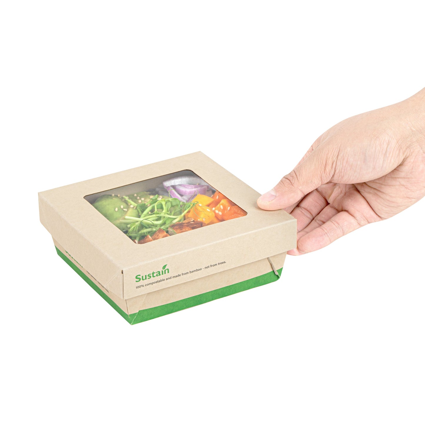 Sustain 27 oz Bamboo Paper Medium Take Out Container - with PLA Lining and Window, Compostable - 5 1/4" x 5 1/4" x 2" - 200 count box