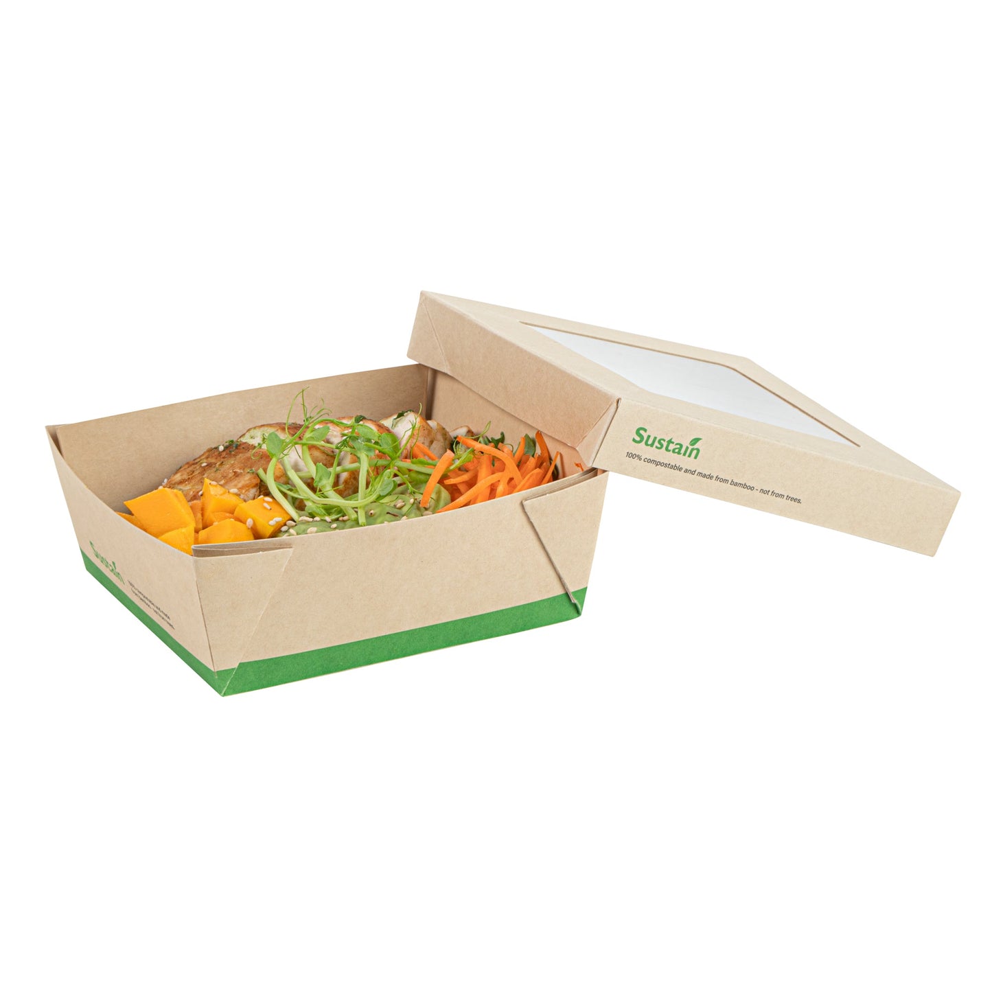 Sustain 27 oz Bamboo Paper Medium Take Out Container - with PLA Lining and Window, Compostable - 5 1/4" x 5 1/4" x 2" - 200 count box