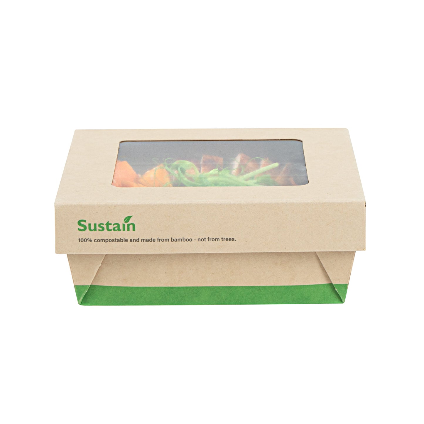 Sustain 27 oz Bamboo Paper Medium Take Out Container - with PLA Lining and Window, Compostable - 5 1/4" x 5 1/4" x 2" - 200 count box