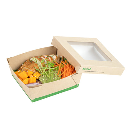 Sustain 27 oz Bamboo Paper Medium Take Out Container - with PLA Lining and Window, Compostable - 5 1/4" x 5 1/4" x 2" - 200 count box