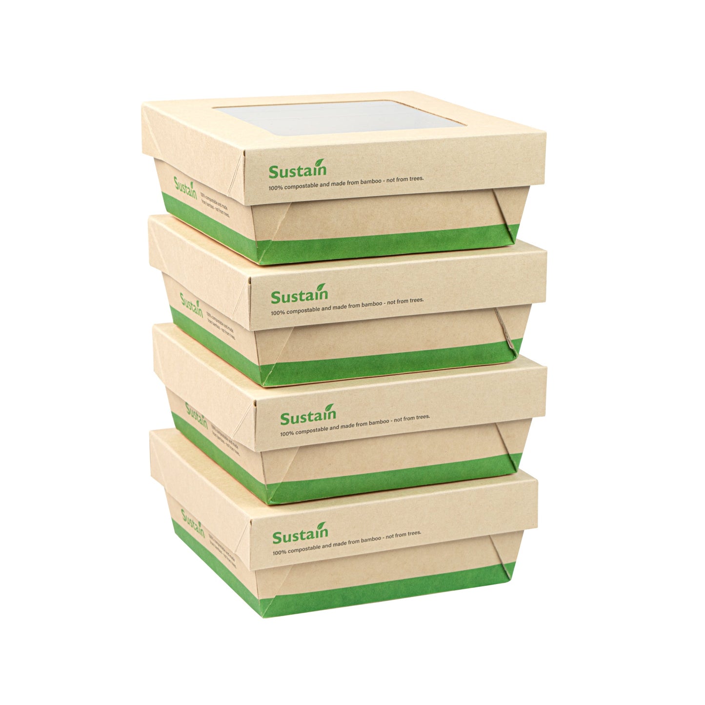 Sustain 27 oz Bamboo Paper Medium Take Out Container - with PLA Lining and Window, Compostable - 5 1/4" x 5 1/4" x 2" - 200 count box