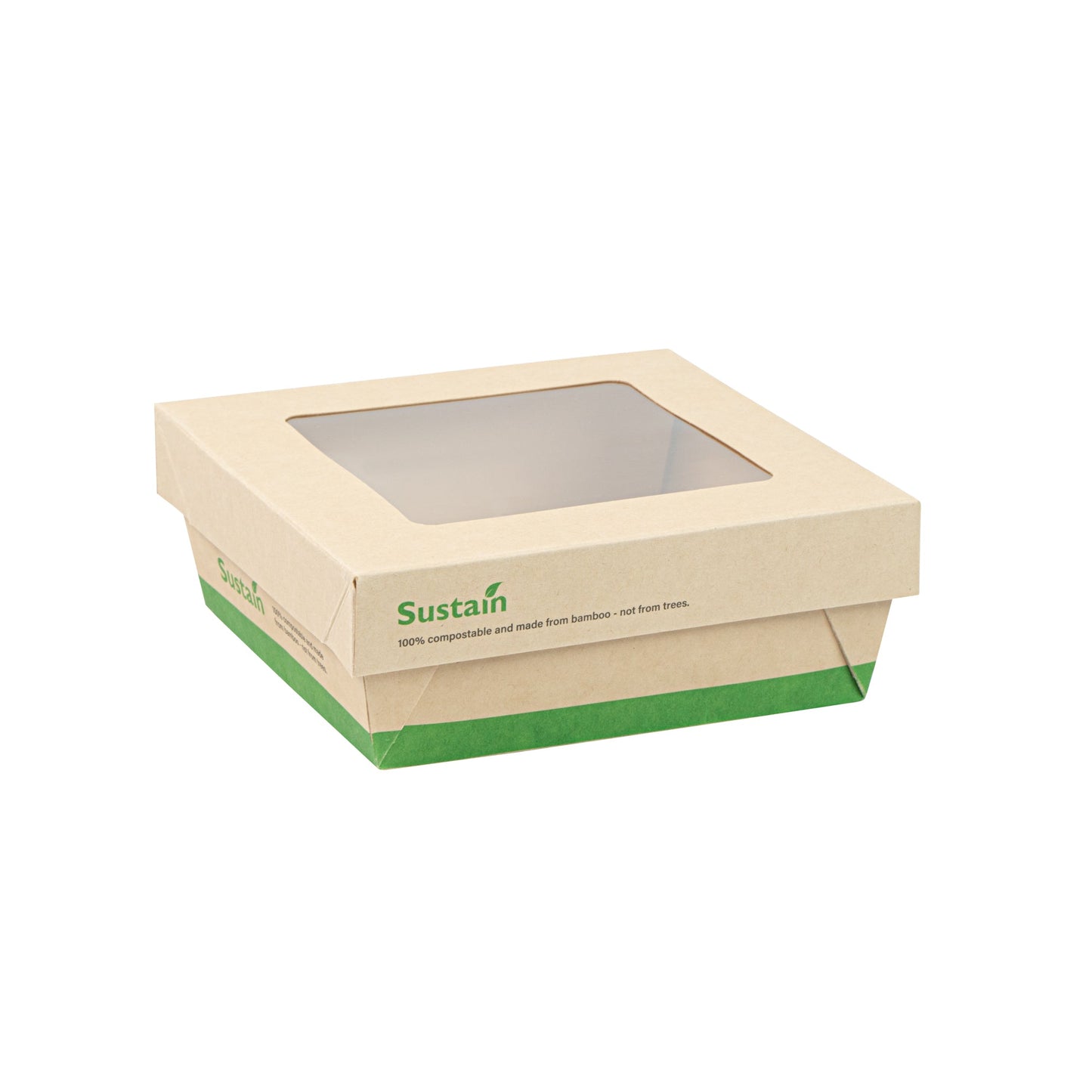 Sustain 27 oz Bamboo Paper Medium Take Out Container - with PLA Lining and Window, Compostable - 5 1/4" x 5 1/4" x 2" - 200 count box