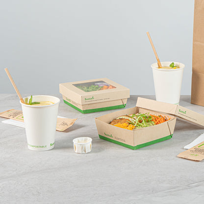 Sustain 27 oz Bamboo Paper Medium Take Out Container - with PLA Lining and Window, Compostable - 5 1/4" x 5 1/4" x 2" - 200 count box