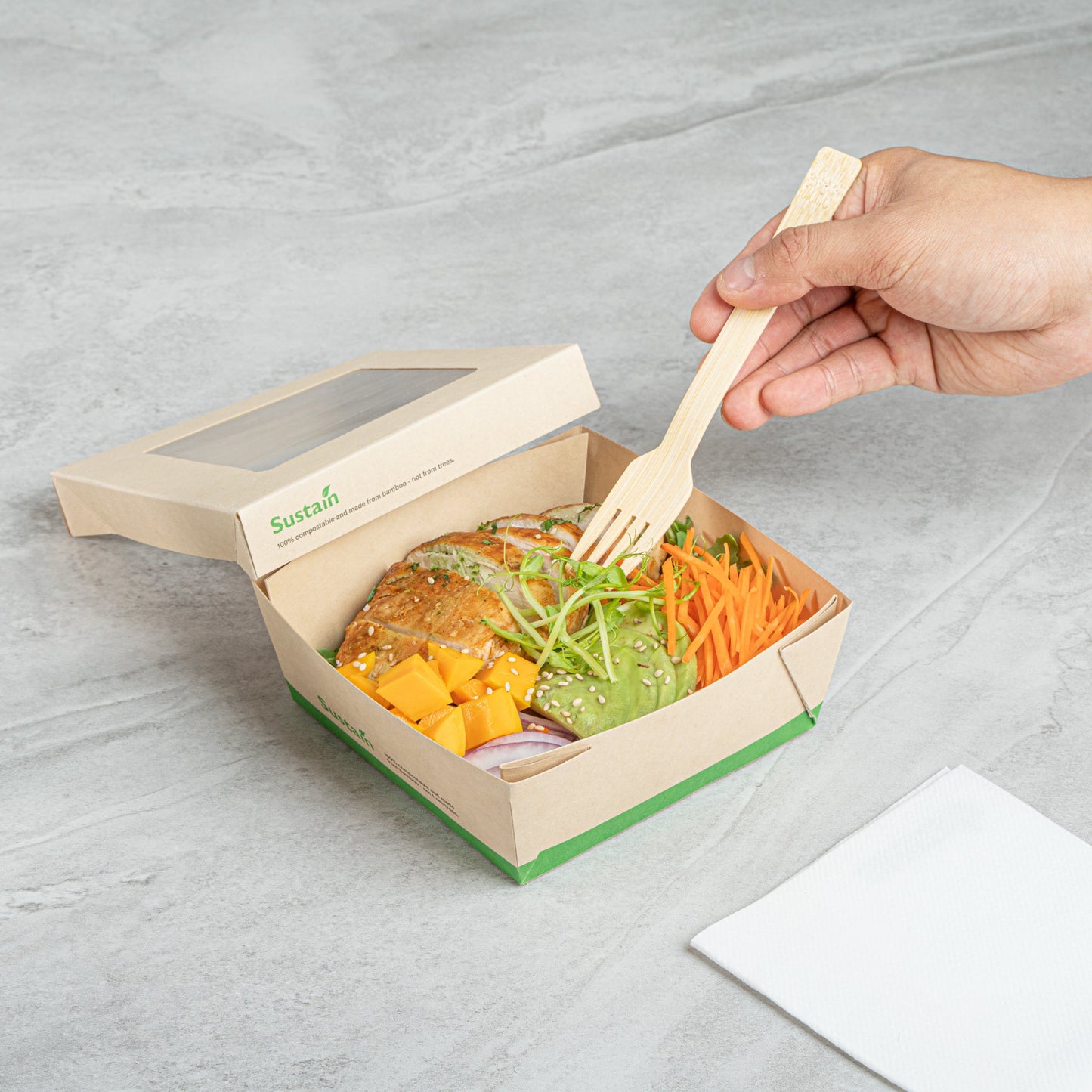 Sustain 27 oz Bamboo Paper Medium Take Out Container - with PLA Lining and Window, Compostable - 5 1/4" x 5 1/4" x 2" - 200 count box