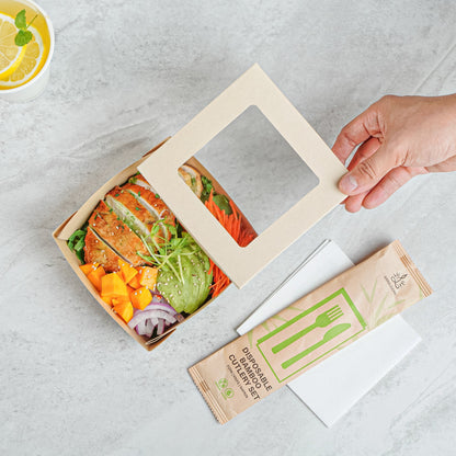 Sustain 27 oz Bamboo Paper Medium Take Out Container - with PLA Lining and Window, Compostable - 5 1/4" x 5 1/4" x 2" - 200 count box