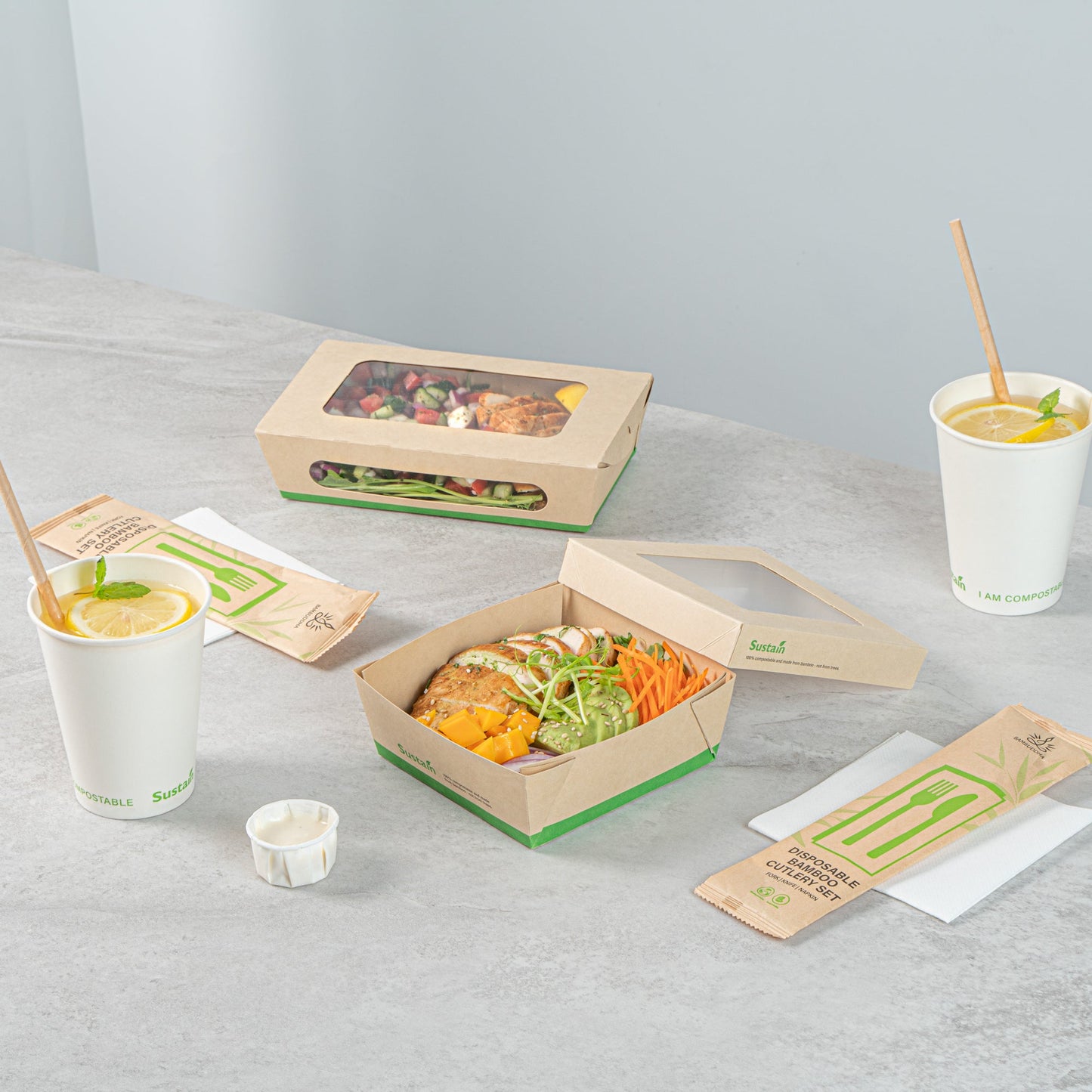Sustain 27 oz Bamboo Paper Medium Take Out Container - with PLA Lining and Window, Compostable - 5 1/4" x 5 1/4" x 2" - 200 count box