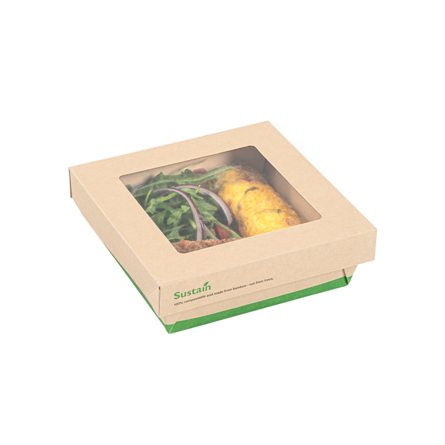 Sustain 34 oz Bamboo Paper Large Take Out Container - with PLA Lining and Window, Compostable - 6" x 6" x 2" - 50 count box