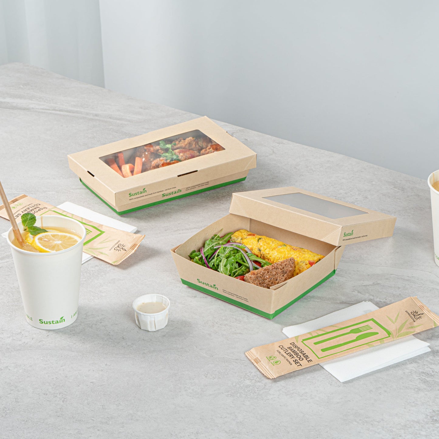 Sustain 34 oz Bamboo Paper Large Take Out Container - with PLA Lining and Window, Compostable - 6" x 6" x 2" - 50 count box
