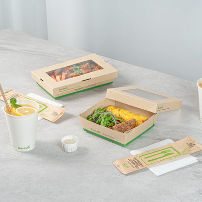 Sustain 34 oz Bamboo Paper Large Take Out Container - with PLA Lining and Window, Compostable - 6" x 6" x 2" - 50 count box