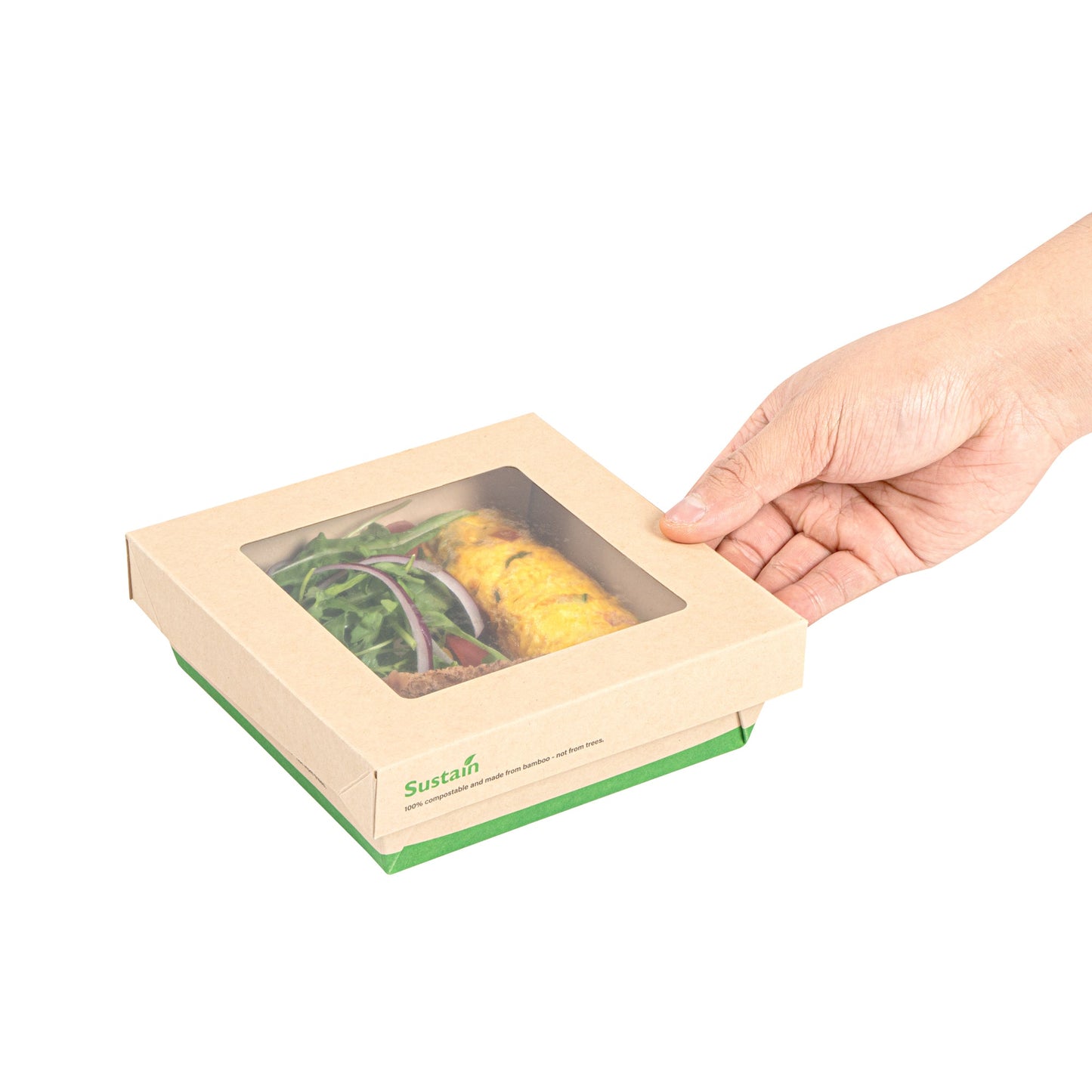 Sustain 34 oz Bamboo Paper Large Take Out Container - with PLA Lining and Window, Compostable - 6" x 6" x 2" - 50 count box