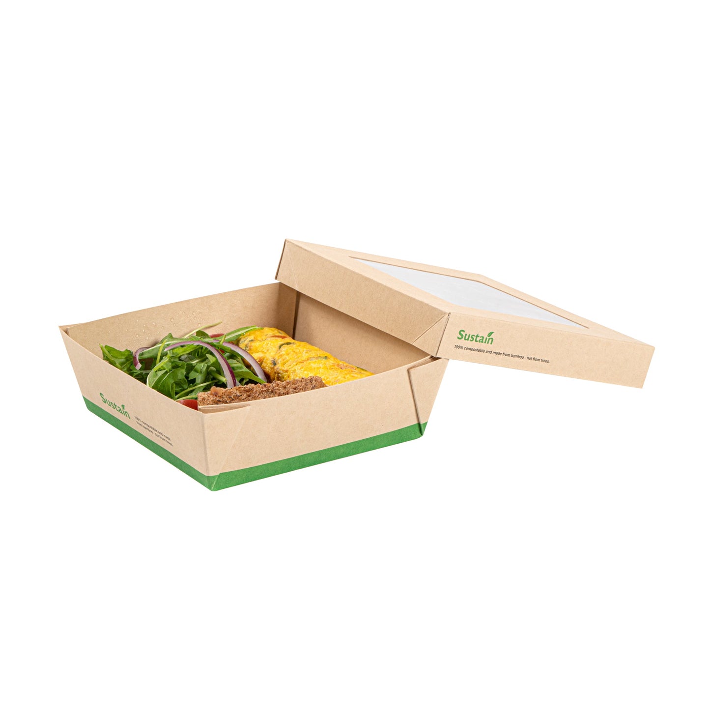 Sustain 34 oz Bamboo Paper Large Take Out Container - with PLA Lining and Window, Compostable - 6" x 6" x 2" - 50 count box