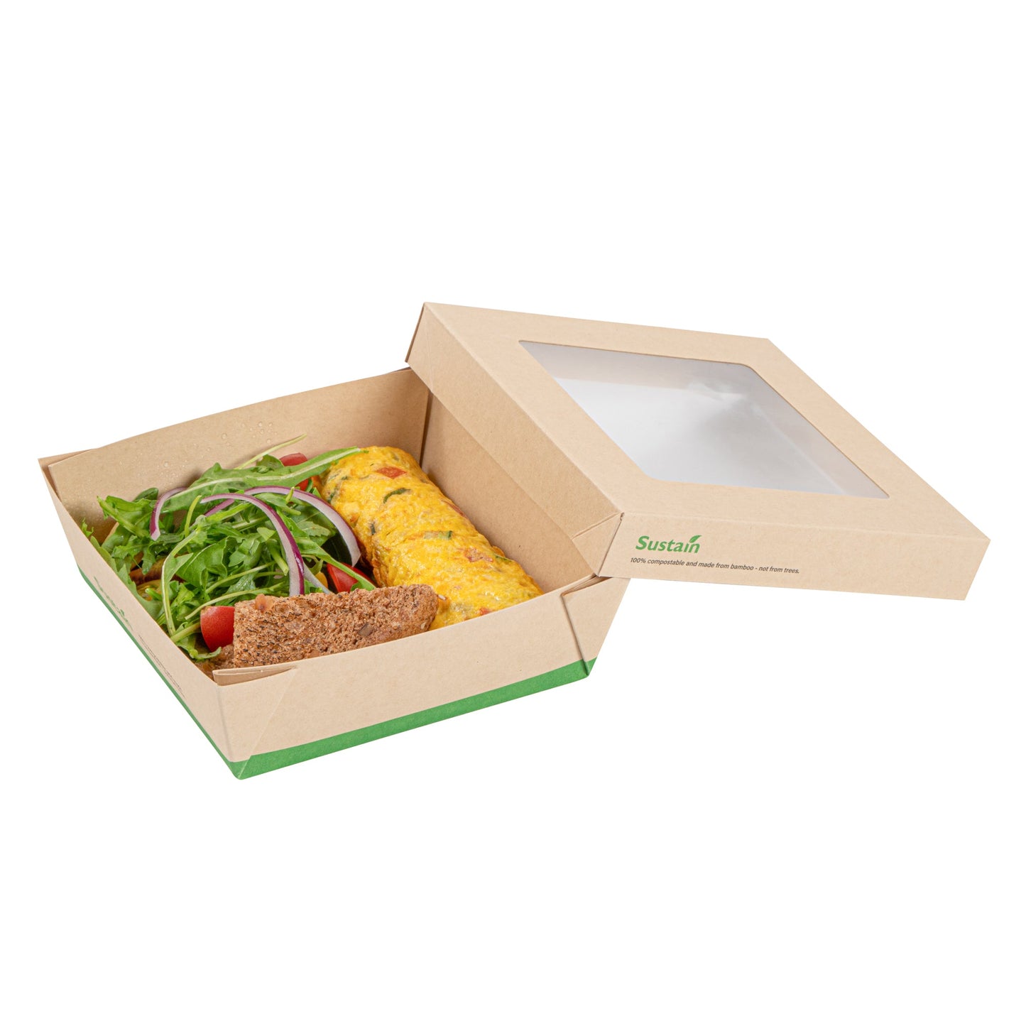 Sustain 34 oz Bamboo Paper Large Take Out Container - with PLA Lining and Window, Compostable - 6" x 6" x 2" - 50 count box