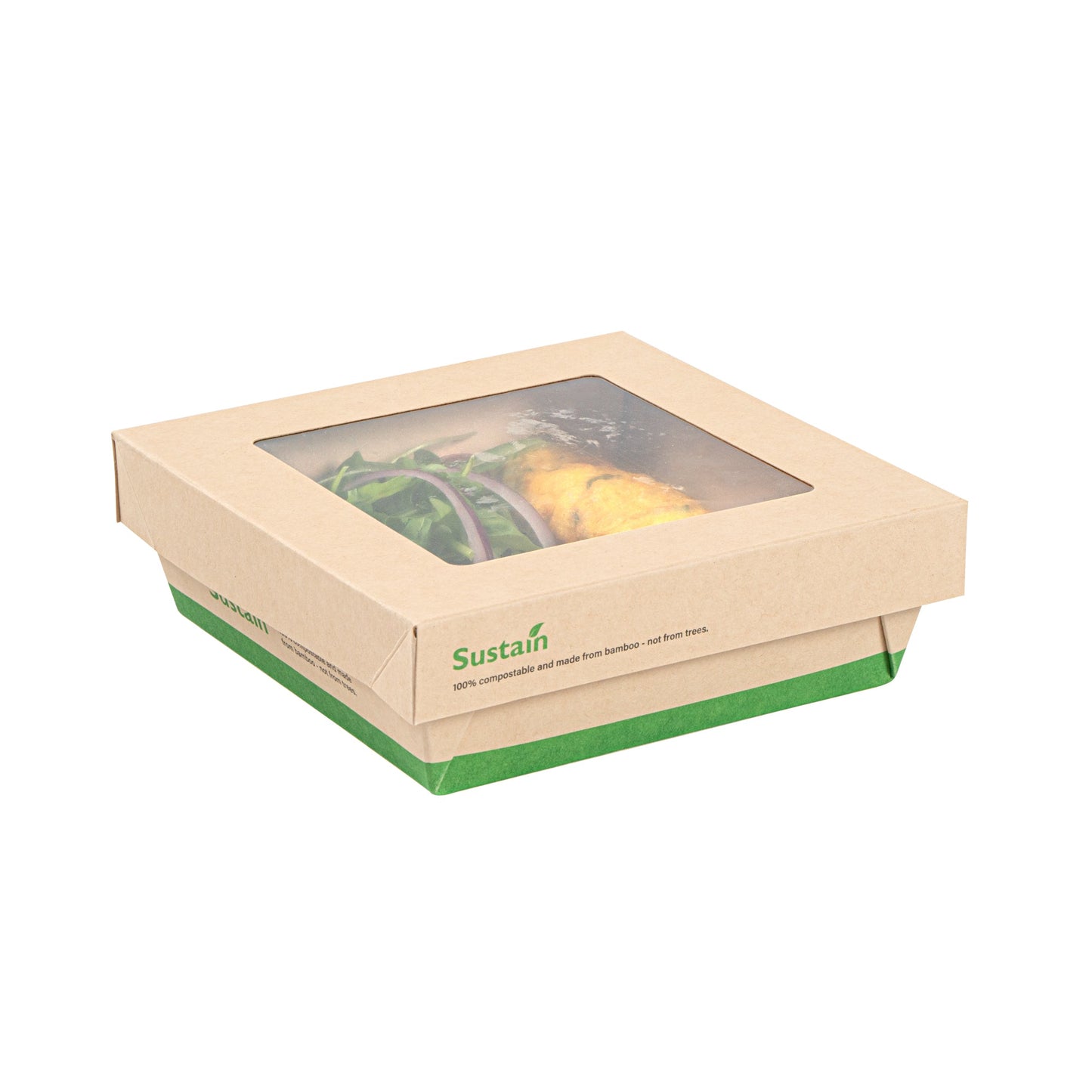 Sustain 34 oz Bamboo Paper Large Take Out Container - with PLA Lining and Window, Compostable - 6" x 6" x 2" - 50 count box