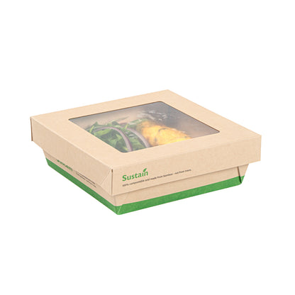 Sustain 34 oz Bamboo Paper Large Take Out Container - with PLA Lining and Window, Compostable - 6" x 6" x 2" - 50 count box