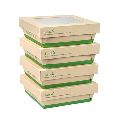 Sustain 34 oz Bamboo Paper Large Take Out Container - with PLA Lining and Window, Compostable - 6" x 6" x 2" - 50 count box