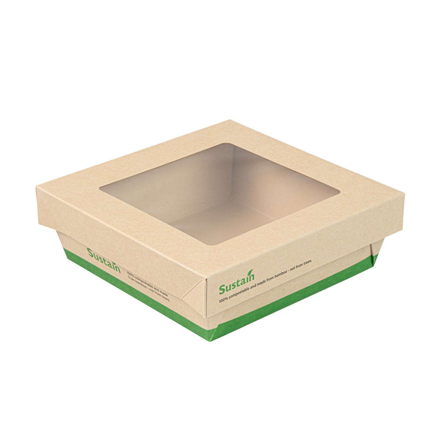 Sustain 34 oz Bamboo Paper Large Take Out Container - with PLA Lining and Window, Compostable - 6" x 6" x 2" - 50 count box