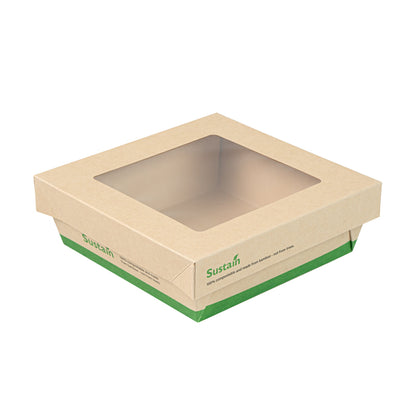 Sustain 34 oz Bamboo Paper Large Take Out Container - with PLA Lining and Window, Compostable - 6" x 6" x 2" - 50 count box