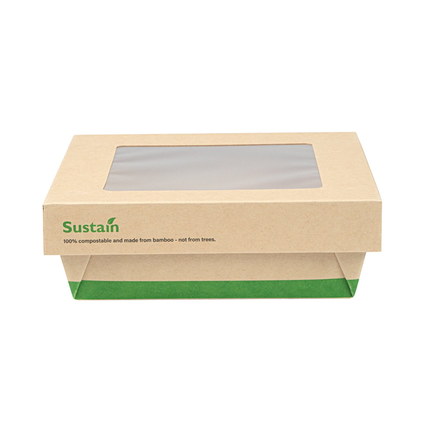 Sustain 34 oz Bamboo Paper Large Take Out Container - with PLA Lining and Window, Compostable - 6" x 6" x 2" - 50 count box