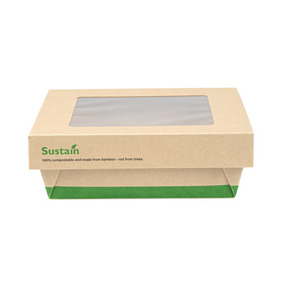Sustain 34 oz Bamboo Paper Large Take Out Container - with PLA Lining and Window, Compostable - 6" x 6" x 2" - 50 count box