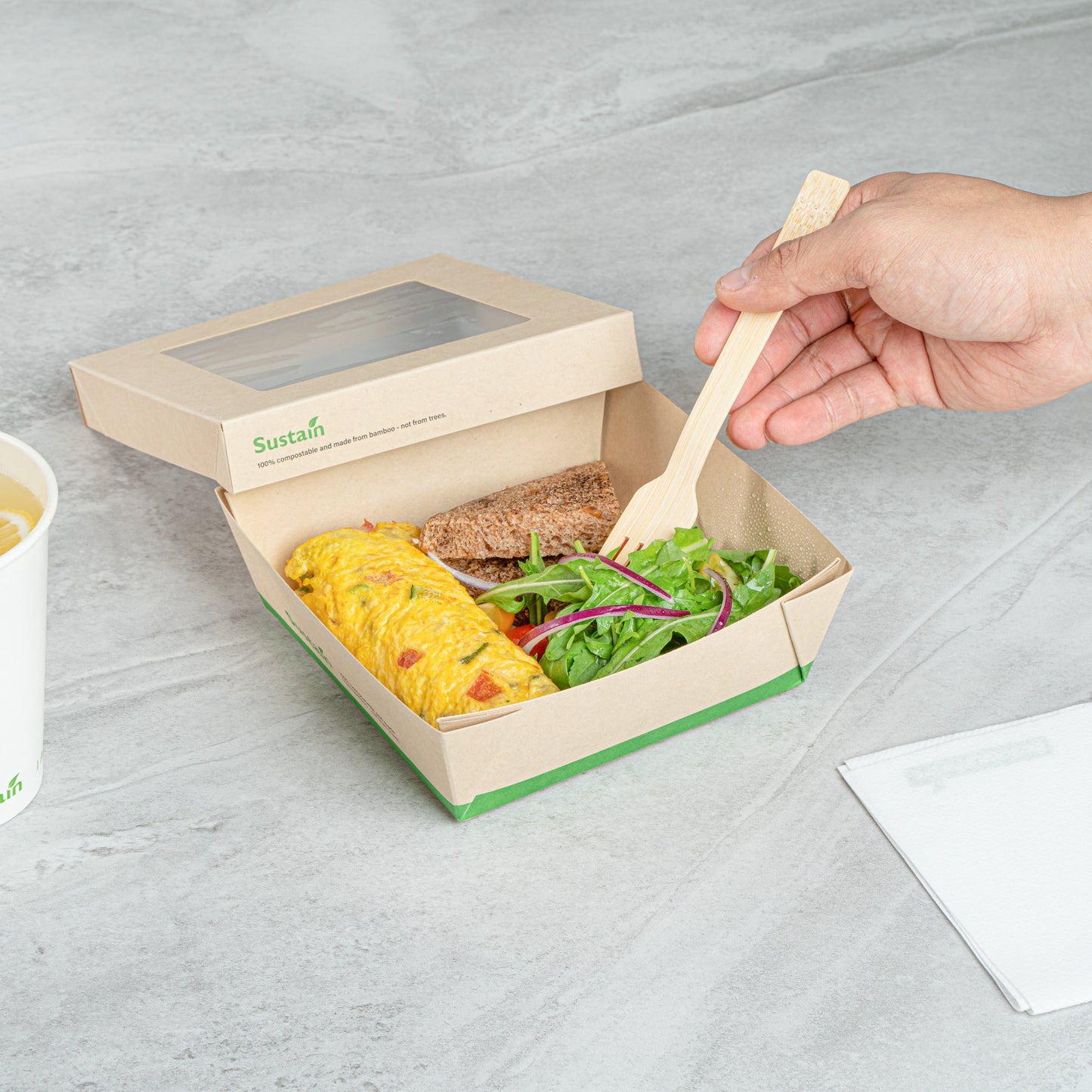 Sustain 34 oz Bamboo Paper Large Take Out Container - with PLA Lining and Window, Compostable - 6" x 6" x 2" - 50 count box