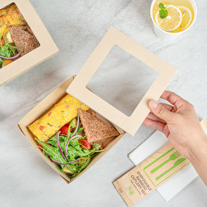 Sustain 34 oz Bamboo Paper Large Take Out Container - with PLA Lining and Window, Compostable - 6" x 6" x 2" - 50 count box