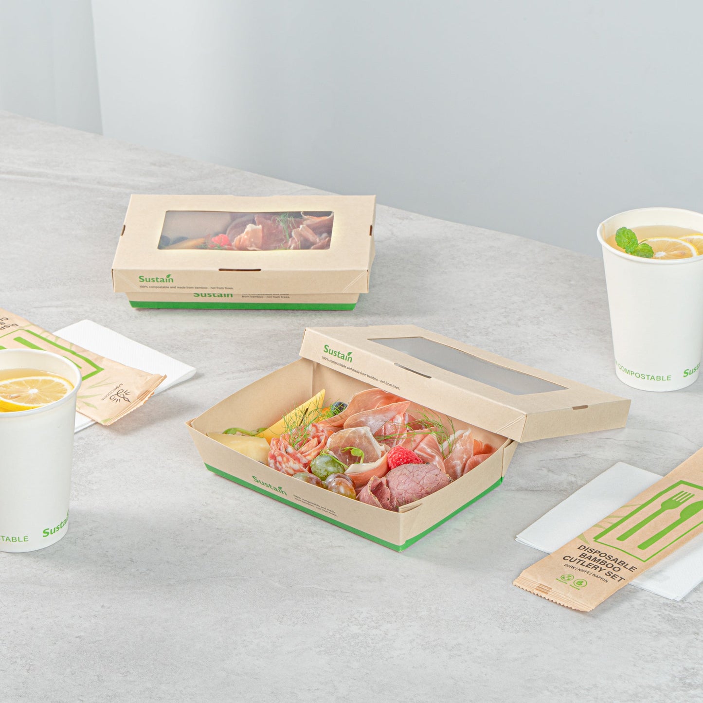 Sustain 28 oz Bamboo Paper Small Take Out Container - with PLA Lining and Window, Compostable - 7 1/2" x 5" x 1 1/2" - 200 count box