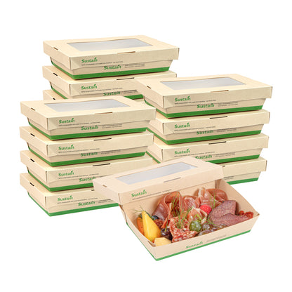 Sustain 28 oz Bamboo Paper Small Take Out Container - with PLA Lining and Window, Compostable - 7 1/2" x 5" x 1 1/2" - 50 count box