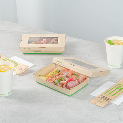 Sustain 28 oz Bamboo Paper Small Take Out Container - with PLA Lining and Window, Compostable - 7 1/2" x 5" x 1 1/2" - 50 count box