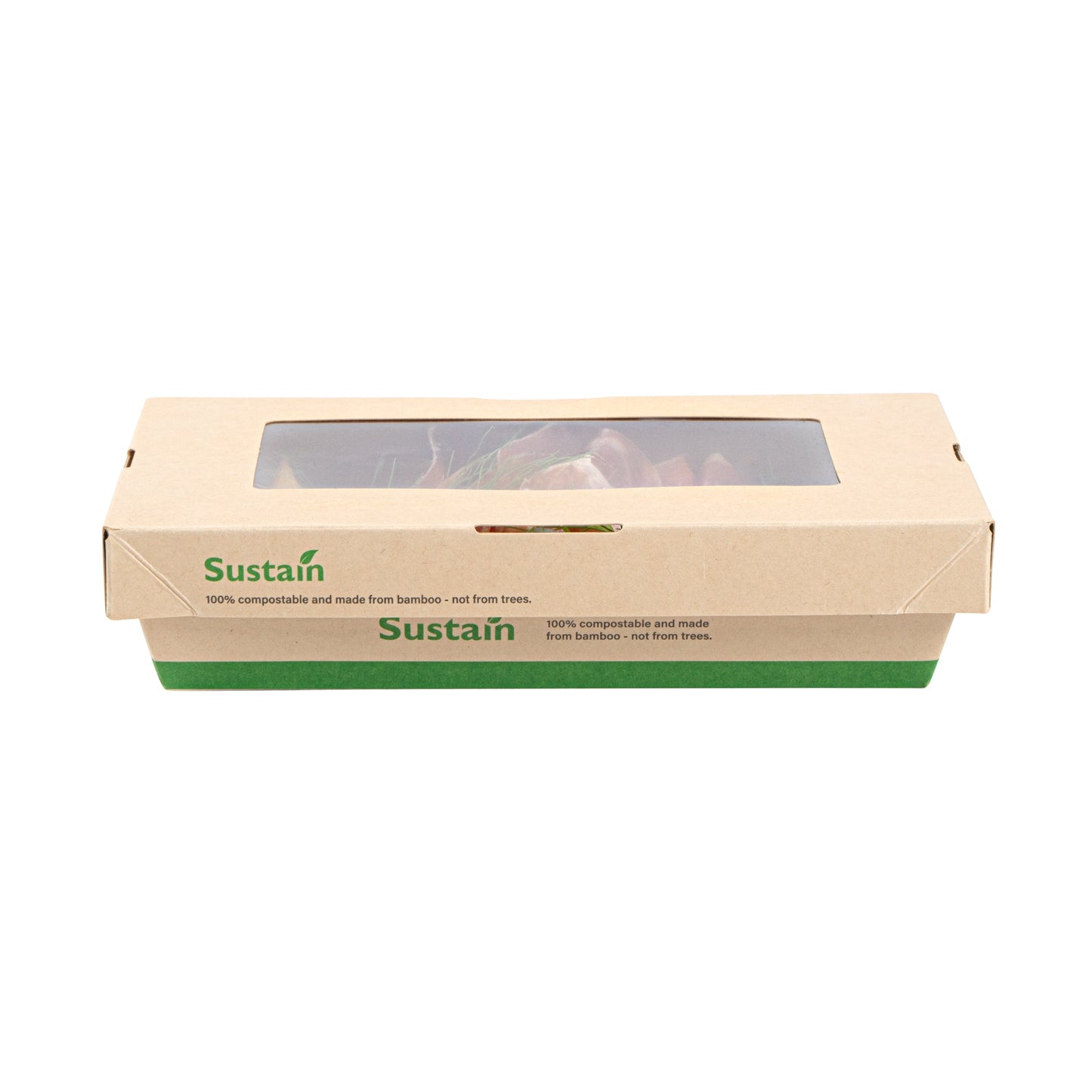 Sustain 28 oz Bamboo Paper Small Take Out Container - with PLA Lining and Window, Compostable - 7 1/2" x 5" x 1 1/2" - 200 count box