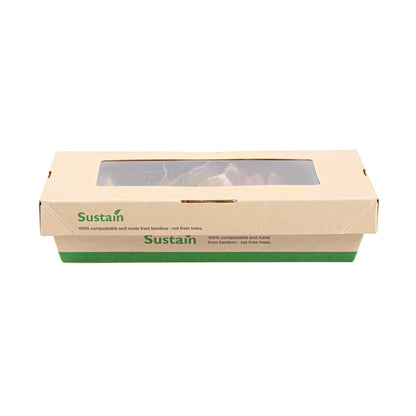 Sustain 28 oz Bamboo Paper Small Take Out Container - with PLA Lining and Window, Compostable - 7 1/2" x 5" x 1 1/2" - 200 count box