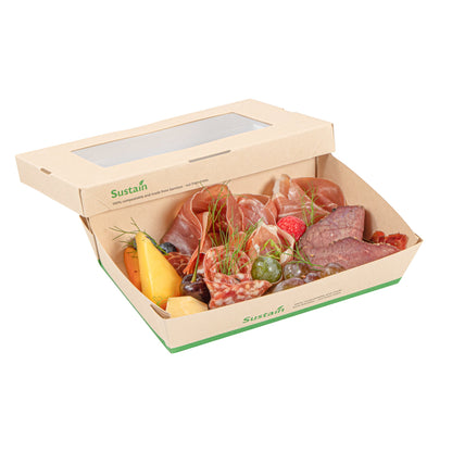 Sustain 28 oz Bamboo Paper Small Take Out Container - with PLA Lining and Window, Compostable - 7 1/2" x 5" x 1 1/2" - 200 count box