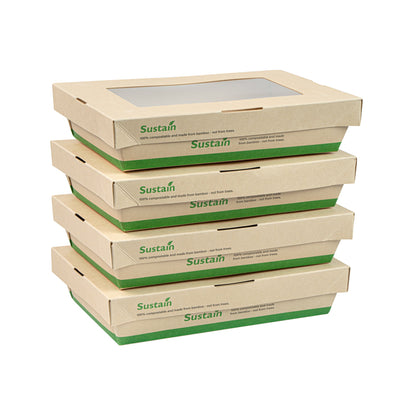 Sustain 28 oz Bamboo Paper Small Take Out Container - with PLA Lining and Window, Compostable - 7 1/2" x 5" x 1 1/2" - 200 count box