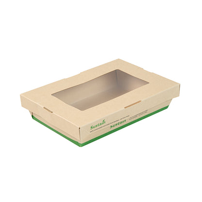Sustain 28 oz Bamboo Paper Small Take Out Container - with PLA Lining and Window, Compostable - 7 1/2" x 5" x 1 1/2" - 200 count box