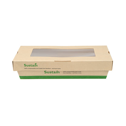 Sustain 28 oz Bamboo Paper Small Take Out Container - with PLA Lining and Window, Compostable - 7 1/2" x 5" x 1 1/2" - 200 count box