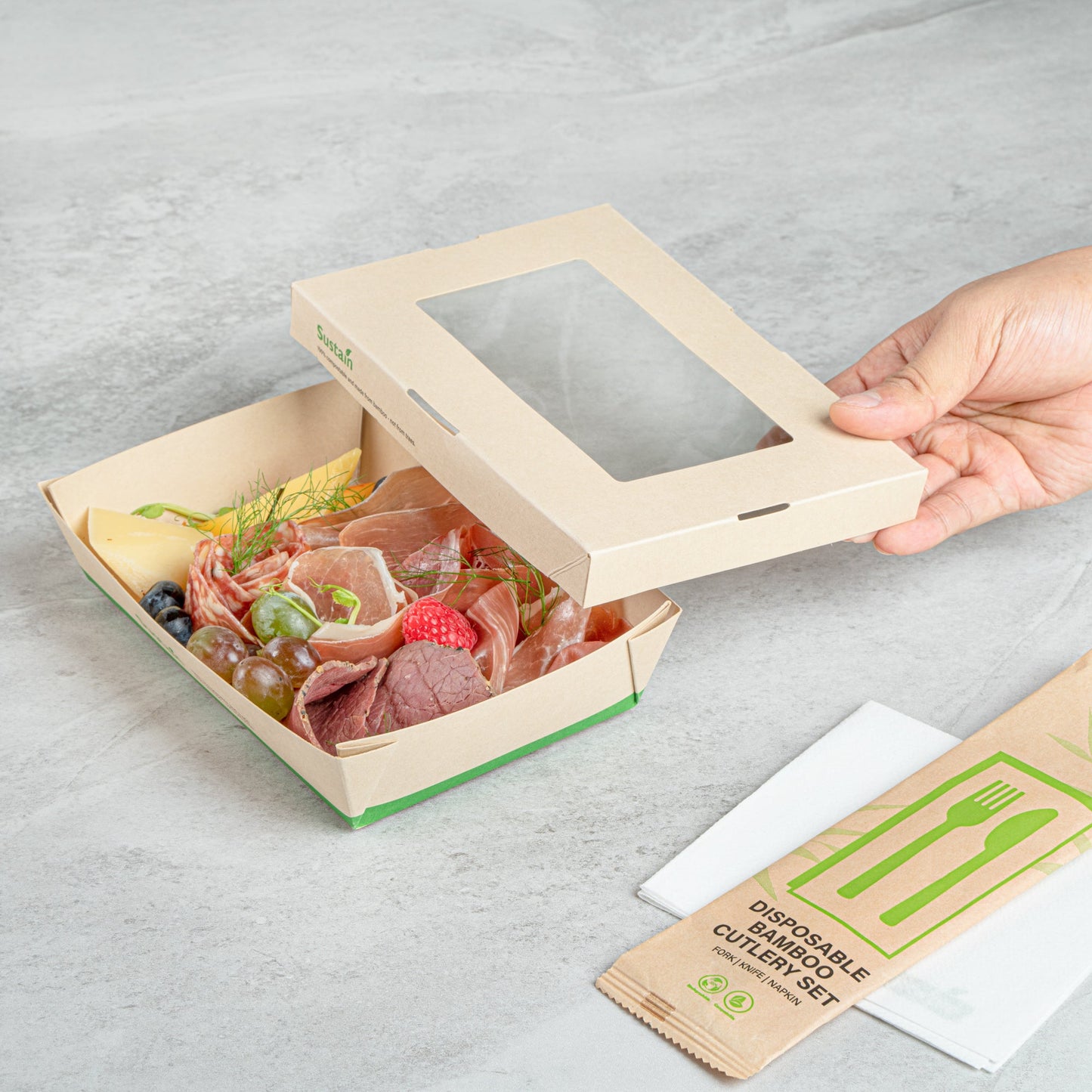Sustain 28 oz Bamboo Paper Small Take Out Container - with PLA Lining and Window, Compostable - 7 1/2" x 5" x 1 1/2" - 200 count box